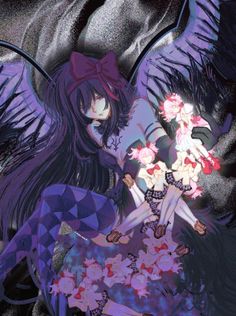 an anime character holding flowers in her hand and sitting on the ground next to another character