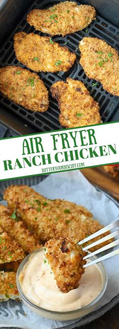 air fryer ranch chicken is being served with ranch sauce and a fork in it