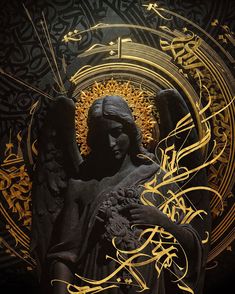 an angel statue with gold and black designs on it's face, in front of a circular background