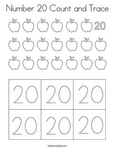 the numbers 20 count and trace worksheet with an image of apples on it