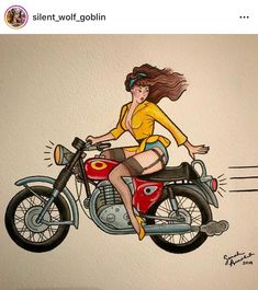 a drawing of a woman riding on the back of a red motorcycle with her hair blowing in the wind