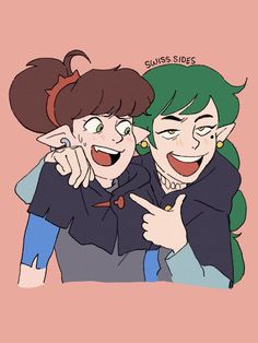 two people with green hair are smiling and pointing at the same person's finger