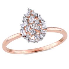 This stunning mosaic cluster ring is crafted in 14-karat rose gold and features round and tapered baguette diamonds set uniquely in a teardrop, pear-shaped design. This beautifully designed ring is the perfect choice for someone you love. Cluster Diamond Ring, Teardrop Ring, White Diamond Ring, White Gold Wedding Bands, Curved Wedding Band, Diamonds Ring, 14k Rose Gold Ring, Baguette Cut Diamond, Women Diamond