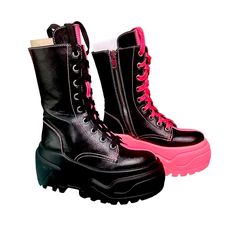 Dolls Kill Clubexx Black/Pink Combat Boots In Size 7. These Platform Boots Have A Vegan Leather Construction, A Split Design, Contrast-Colored Stitching, Front Lace Ups, And Side Zipper Closure. Brand New, Never Worn Outside, Only Tried On. Pink High Heel Platform Boots For Winter, Pink Ankle-high Boots For Winter, Pink Platform Boots For Winter, Trendy Pink Platform Party Boots, Trendy Pink High Heel Platform Boots, Pink Leather Platform Boots For Winter, Trendy Pink High Ankle Platform Boots, Trendy High Ankle Pink Boots, Trendy Pink High Ankle Boots