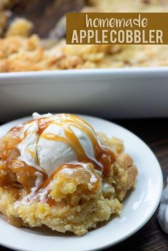 homemade apple cobbler with ice cream and caramel drizzle