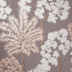 the wallpaper is decorated with white and beige leaves on grey background, as well as two trees