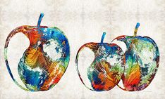 two apples painted in different colors and shapes