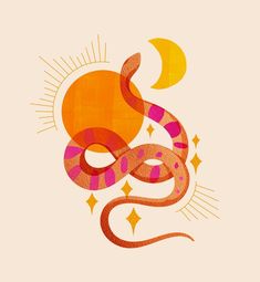 an orange and pink snake with the sun in the sky above it's head