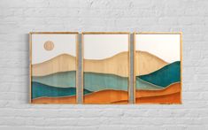 Teal Mountain Wood Wall Art | Engraved Boho Wall Décor | 3-piece Set Wall Hanging | Minimalist Mountain Scene Wall Décor - Vintage Adventures Family Artwork Ideas, Canvas Painting Ideas For Bathroom, Mountain Wood Wall, Mountain Wood Wall Art, Minimalist Mountain, 3d Mural, Art Panels, Mountain Design, Unique Watercolor