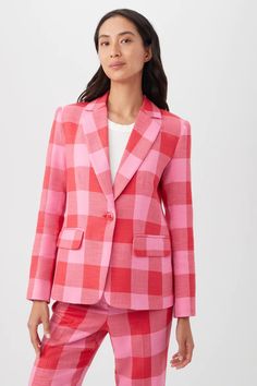 HABANERO BLAZER – Trina Turk Pink Office Blazer With Welt Pockets, Pink Spring Blazer With Welt Pockets, Pink Blazer With Welt Pockets For Spring, Spring Pink Blazer With Welt Pockets, Pink Long Sleeve Blazer With Welt Pockets, Spring Plaid Blazer With Welt Pockets, Bright Blazer, Check Pants, Check Suit