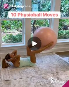 a woman is doing exercises on an exercise ball