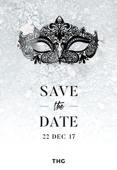 save the date card with a masquerade mask in black and white on a gray background