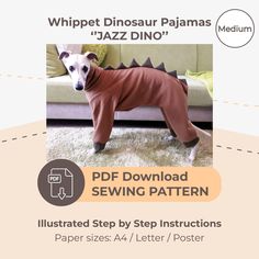 an image of a dog in pajamas on the floor with text that reads, whippet dinosaur pajamas jazz dino