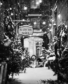 a black and white photo of a snow covered alleyway with lights on the building