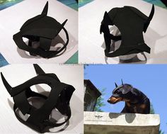 four different views of a dog's head made out of paper and duct tape