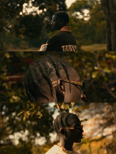 two black women with dreadlocks standing next to each other in front of trees