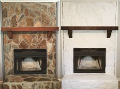 two stone fireplaces with wood mantles in the middle and one on each side