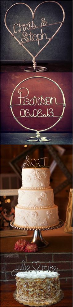 three different wedding cakes with names on them