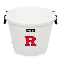 a large white bucket with the letter r in red and black on it's side