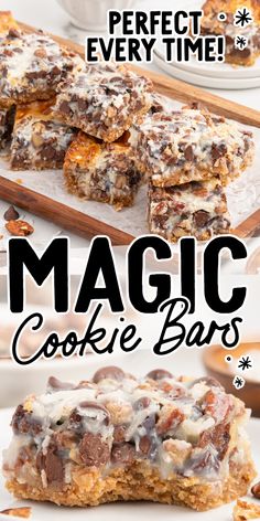 a close up of a cookie bar with the words magic cookie bars in front of it