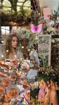 a collage of photos with flowers, butterflies and people in the middle one has a pink butterfly on her head