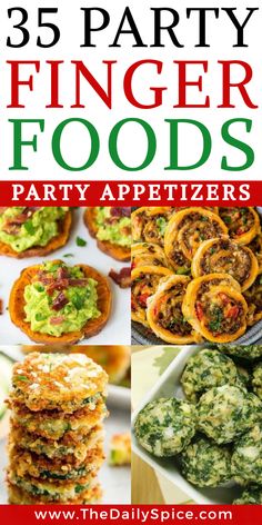 finger foods party appetizers with text overlay