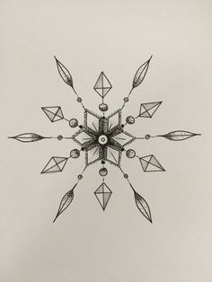 a black and white drawing of a snowflake with many small diamonds on it