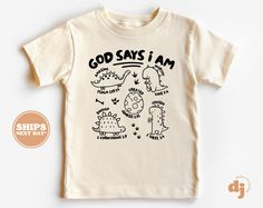 "Christian Shirts for Kids - Jesus Shirt -  God Says I Am Natural Infant, Toddler & Youth Tee All of the shirts and bodysuits at our shop are CPSIA compliant. We only use Eco-friendly, water-based inks that are also CPSIA compliant and boasts strong washability (highest score on AATCC wash test).  So rest assure to put them on your little ones!  ** COLOR OF T-SHIRTS WILL VARY SLIGHTLY DUE TO LIGHTING AND/OR MONITOR SETTINGS ** DETAILS OF BABY BODYSUITS & T-SHIRTS MAY VARY SLIGHTLY FROM PRODUCT PHOTOS BASED ON AVAILABLE INVENTORY HOW TO ORDER: Please follow these 5 simple steps: 1. Select the style and size you want in the \"Style (Size)\" option.  2. Select the shirt color you want in the \"Color\" option. 3. [APPLICABLE ONLY ON CERTAIN LISTINGS] Follow the instructions to fill out the \"A Yal Needs Some Jesus Shirt For Kids, God Shirt Ideas, Kids Christian Shirts, Kids T Shirt Design Ideas, Christian Kids Shirts, Kids Tshirt Designs, Christian Tshirt Design, Fruits Of The Spirit, Jesus Design