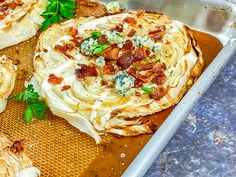 some food is sitting in a pan on the counter and ready to be cooked or eaten