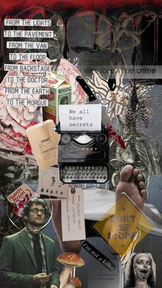 collage of various images including an old typewriter, flowers and other things in the background