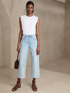 Ultra High-Rise Wide-Leg Crop Jean | Banana Republic Stretch Wide Leg Cropped Jeans, Wide Leg Cropped Jeans Outfit, Cropped Jeans Outfit, Wide Leg Outfit, Jeans Outfit Summer, Fall Fashions, Knit Wrap Dress, Cropped Wide Leg Jeans, Wide Leg Cropped Pants