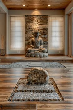 a buddha statue sitting on top of a wooden floor next to a stone wall and windows