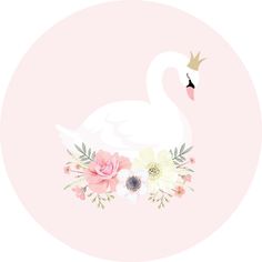 a white swan with flowers and a crown on it's head is standing in front of a pink circle