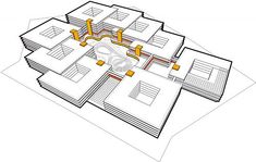 an architectural drawing of a house with multiple floors and yellow pipes in the middle of it