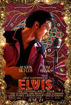 the poster for elvis's musical show is shown in front of a gold and red background