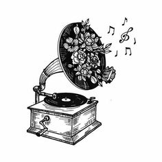 an old record player with flowers and music notes coming out of it's top