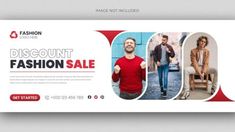 a red and white fashion sale banner with two men in different outfits on the front