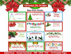 christmas diy designs door prize tickets with holiday decorations and bows on the front, in red