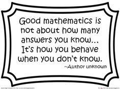 an image of a quote from author unknown on the subject's book, good maths is not about how many answers you know