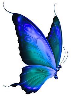 a blue butterfly flying in the air with its wings spread out, on a transparent background