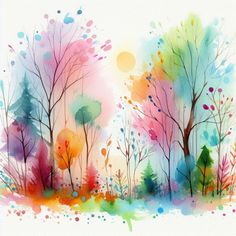 watercolor painting of trees with different colors