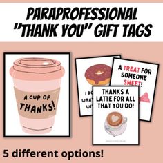 coffee and donuts with the words thank you've got tags for 5 different options