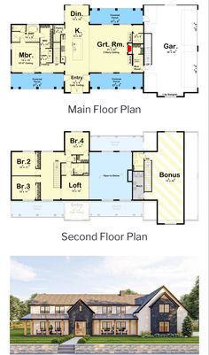 Double-Story, 4-Bedroom Barndominium-Style House Barndominium House Layouts, Dream Barndominium Ideas, 40x80 Barndominium Floor Plans 4 Bedroom, Barndominium Floor Plans 4 Bedroom With Shop 2 Story, 4 Bedroom Barndominium Floor Plans With Loft, Barndominium House Plans 4 Bedroom, Five Bedroom Barndominium Plans, 7 Bedroom Barndominium, 2 Story Barndominium With Shop