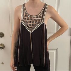 Adorable Black Multicolored Flowy Top, With Eye-Catching Embroidery And Mirror Detail. Fits A Size Xs-S. Never Worn, Perfect Condition. Black Embellished Tops For Festival, Gray Sleeveless Bohemian Top, Gray Bohemian Sleeveless Top, Strappy Blouse, Mirror Detail, Free People Boho, Flowy Top, Flowy Tops, Free People Black