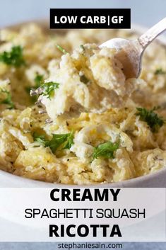 creamy spaghetti squash with ricotta in a white bowl