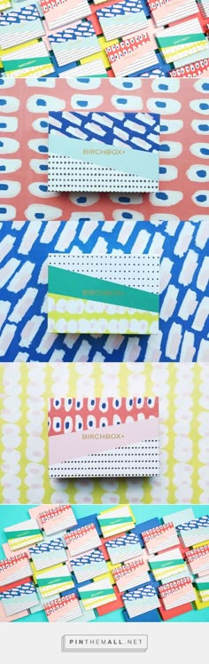 several colorful papers stacked on top of each other with different patterns and colors in them