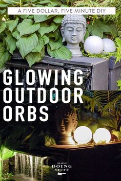 the cover of glowing outdoor orbs, featuring buddha statues and plants in front of a fountain