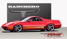 a red car is shown with the name ranchero on it