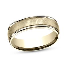 Dynamic diagonally brushed satin texture wraps around the center of this classic 6.0mm wedding band, fashioned in 14K yellow gold. High-polish trim borders above and below the center and lines inside of the band to complete the look. Formal Yellow Gold Band With Polished Edges, Formal Yellow Gold Bands With Polished Edges, Elegant Wedding Rings With Brushed Finish, Elegant Jewelry With Brushed Finish For Anniversary, Classic Rings With Brushed Finish For Formal Occasions, Elegant Formal Rings With Brushed Finish, Gold Credit Card, Satin Texture, Resize Ring