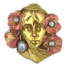 1stdibs 14K Gold Enameled Woman Art Nouveau Diamond Flower Brooch, Jeweled Flowers, Bijoux Art Nouveau, Diamond Girl, Egyptian Revival, Antique Brooches, Art Nouveau Jewelry, Diamond Brooch, Enamel Brooch